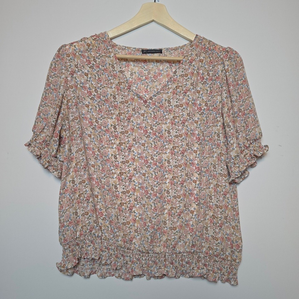 Adrianna Papell Ditsy Floral V-Neck Smocked Hem Ruffle Sleeve Top Pink Large